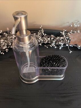 NEW!! IDesign Clear Soap Dispenser with Built-In Scrubber Holder - Silver Pump